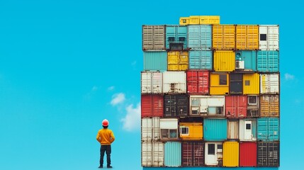 Obraz premium A worker in a hard hat gazes at a towering stack of colorful shipping containers against a blue sky.