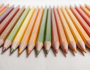 Many different colored pencils on white background