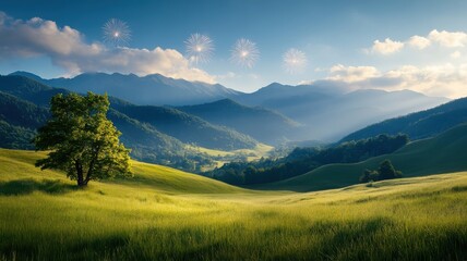 Fireworks paint the night sky with dazzling colors over a tranquil rural landscape with rolling hills.