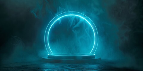 Obraz premium Enigmatic futuristic doorway enveloped in mist, circular luminescent teleporter, neon lights highlight dark landscape with sparkle against dark backdrop, empty stage with glowing illumination.
