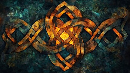 Abstract Celtic Knotwork with a Golden Center on a Teal Background