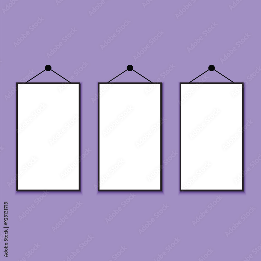 Poster interior home decor with photo frames. three hanging frames with black border, set of gallery frames