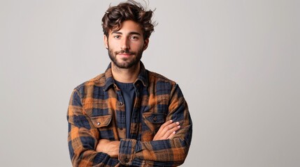 Obraz premium Full-body portrait of a young male model striking a pose against a light backdrop.