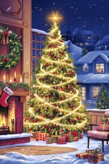 Christmas night postcard. Christmas decoration. Christmas tree