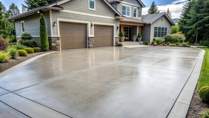 Freshly applied concrete sealer glistens on a newly poured driveway, protecting the surface from stains and wear while enhancing its natural gray tone and texture.