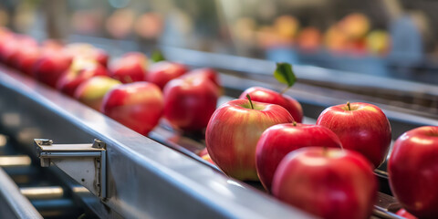 Fresh Red Apples on Conveyor Belt in Fruit Processing Factory