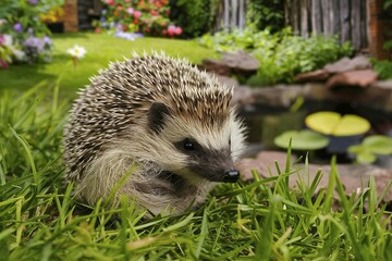 Fototapeta premium European hedgehog in natural garden habitat with green grass