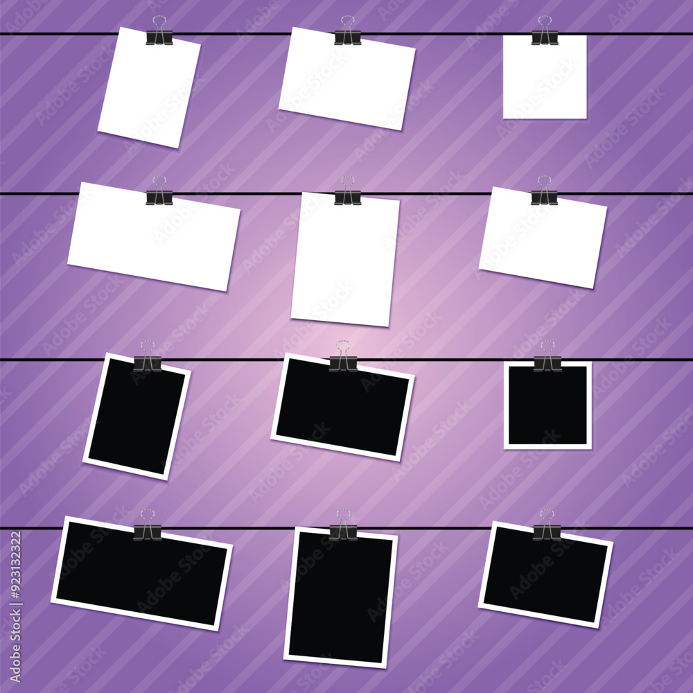 Poster poster or frames Set templates isolated. Vector picture frames on purple background. mock up frame photo. Blank frame hanging. poster or frames Set