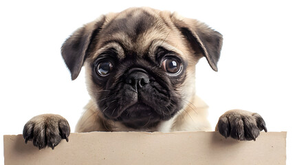 Obraz premium Cute pug holding blank white banner in its paws isolated on white background