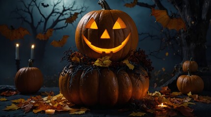 Fototapeta premium A hauntingly beautiful Halloween scene with carved pumpkins, ghostly figures, and eerie fog creating a chilling atmosphere