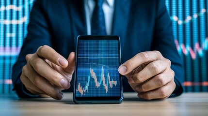 Businessman analyzing stock market data on smartphone screen, showing financial trends and investment insights.
