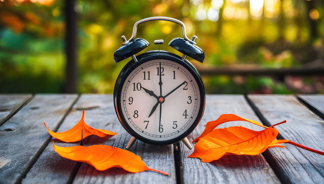 Daylight Saving Time Fall Back with Alarm Clocks and Autumn Leaves.