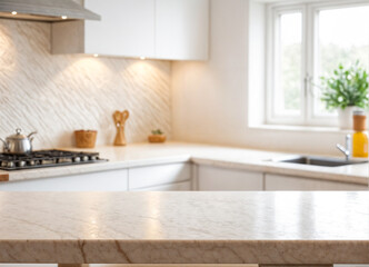 Fototapeta premium Empty wooden table with the bright white interior of the kitchen as a blurred background behind the bokeh