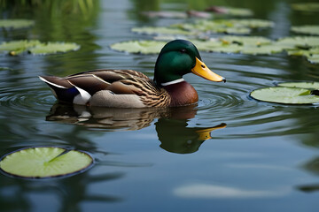Fototapeta premium A duck swimming peacefully in a pond