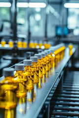 Fototapeta premium Bottling Line with Yellow Liquid in Laboratory Setting with Focus on Vials in a Row