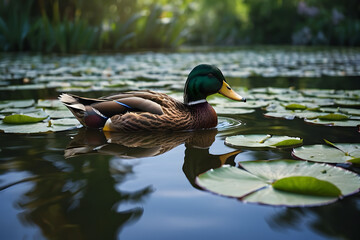 Fototapeta premium A duck swimming peacefully in a pond