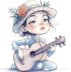  Beauty chibi woman playing guitar watercolor clip art
