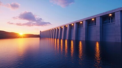 Fototapeta premium Hydropower dam at dawn with the first light hitting the water, creating reflections, photo-realistic, sustainable energy
