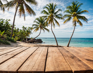 Empty wooden table with blurred beach with coconut trees in the background