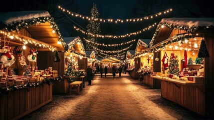 Illuminated Christmas Market Stalls with Snow and String Lights