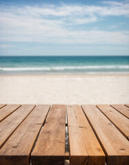 Empty wooden table with blurred beach with coconut trees in the background