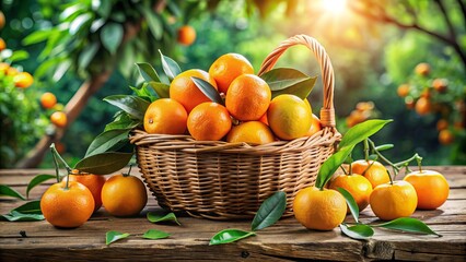 Freshly picked oranges overflow from a wicker basket, surrounded by lush green leaves, against a rustic wooden table, evoking a sense of natural abundance.