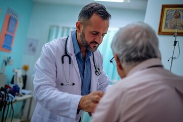 Fototapeta premium Doctor performing a routine checkup on an elderly patient in a hospital geriatric unit, senior care, compassion