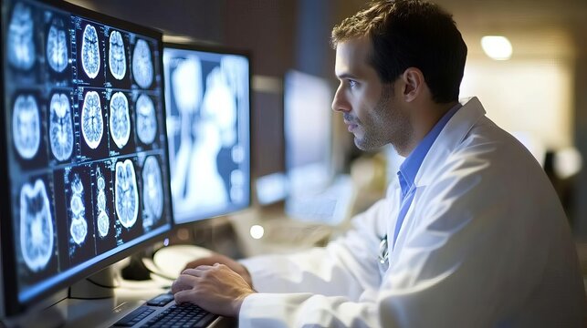 Doctor reviewing CT scan results on a hospital computer, detailed imaging