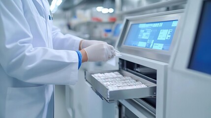 Hospital pharmacist preparing medication with an automated dispensing machine, accurate dosage