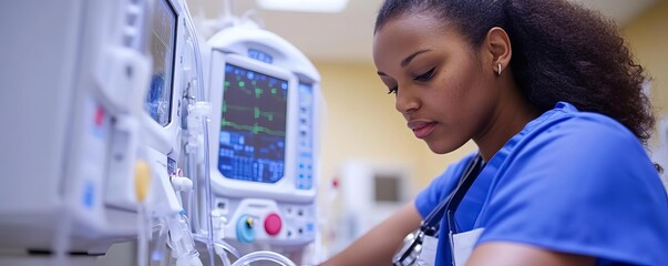 Hospital technician calibrating a dialysis machine, renal care