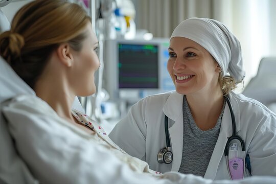 Hospital oncologist consulting with a patient undergoing chemotherapy, specialized care, support