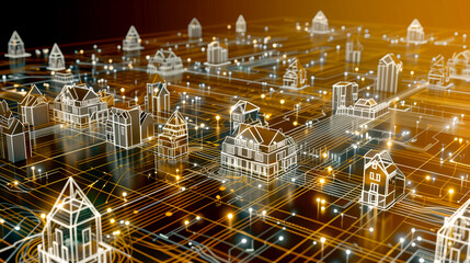 A cityscape with many buildings and houses is shown in a computer-generated image. The houses are all different shapes and sizes, and they are all lit up with bright lights