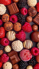 A close up of a variety of chocolate and fruit treats. Concept of indulgence and abundance, with the assortment of chocolates and fruits arranged in a visually appealing manner