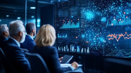 Business professionals observe data analysis on a digital screen, highlighting trends and statistics in a modern conference setting.
