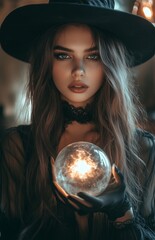 A beautiful woman in a black witch costume holds a glowing crystal ball with mystic energy