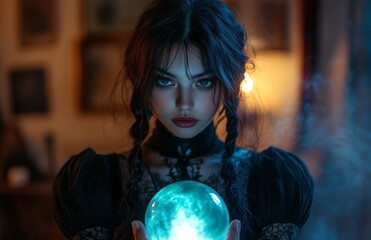 Naklejka premium A beautiful woman in a black witch costume holds a glowing crystal ball with mystic energy