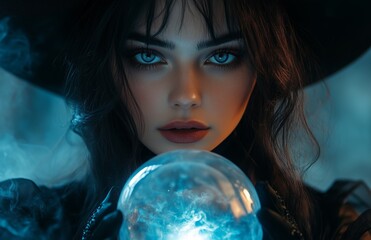 Naklejka premium A beautiful woman in a black witch costume holds a glowing crystal ball with mystic energy