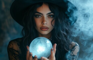 A beautiful woman in a black witch costume holds a glowing crystal ball with mystic energy