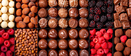 A close up of a variety of chocolates and raspberries. The chocolates are in different shapes and sizes, and the raspberries are scattered throughout the image. Scene is one of indulgence