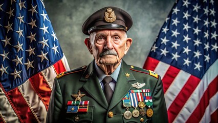 Earned Respect: Military uniform, medals, ribbons, proud veteran, dignified