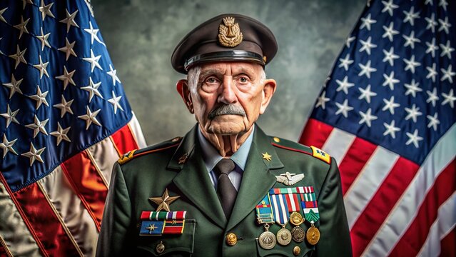 Earned Respect: Military uniform, medals, ribbons, proud veteran, dignified