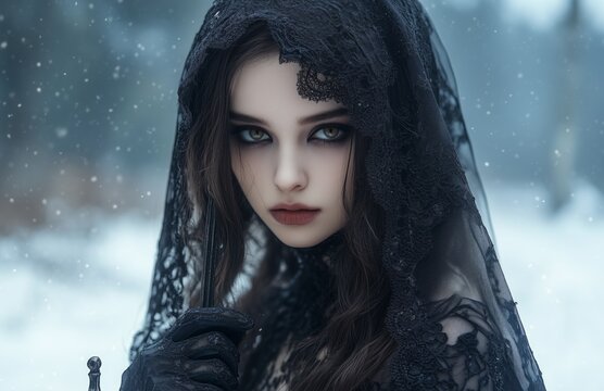 A female vampire with pale skin, long brown hair, wearing a black veil and gloves, holding a dagger