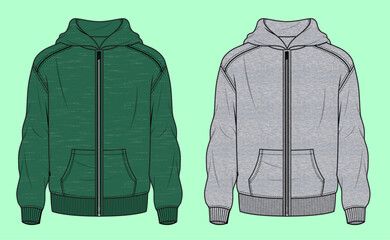 Boys green and grey colour winter zip-through drop shoulder hoodie flat sketch outline vector fashion illustration template.