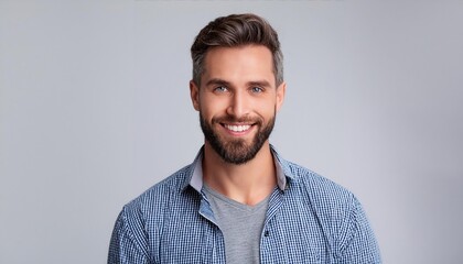 Fototapeta premium A man with a beard and a blue plaid shirt is smiling. He is wearing a gray shirt. Happy man adult face caucasian isolated background handsome confidence 