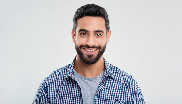 A man with a beard and a blue plaid shirt is smiling. He is wearing a gray shirt. Happy man adult face caucasian isolated background handsome confidence 