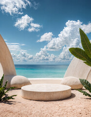 3D podium with copy space for product display presentation on beach with blue sky and white clouds...