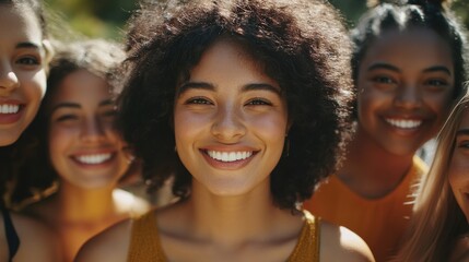 Fototapeta premium A poster featuring a diverse group of smiling supermodel Caucasian women with various faces and swimwear styles.