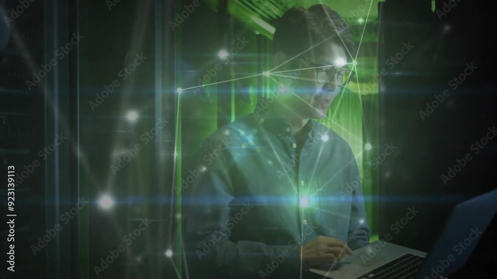 Poster network connections and data processing animation over man working on laptop