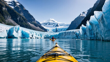 A person kayaking in icy waters surrounded by stunning glaciers and snow-capped mountains.