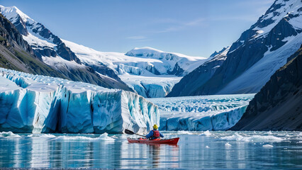 A person kayaking in icy waters surrounded by stunning glaciers and snow-capped mountains.